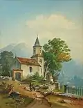 Landschaft mit Kirche, Aquarell, 2. Hälfte 19. Jahrhundert.