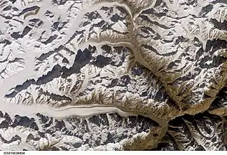 Satellitenbild des Panmah Muztagh; der Panmahgletscher strömt am oberen Bildrand nach rechts und später nach unten