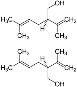 Strukturformel beider Enantiomere des Terpens Lavandulol