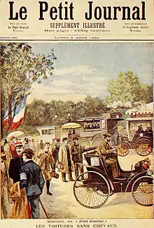 Das Titelblatt der Ausgabe vom 6. August 1894 zeigt die Ausstellung der Teilnehmerfahrzeuge vor der Wettfahrt Paris-Rouen