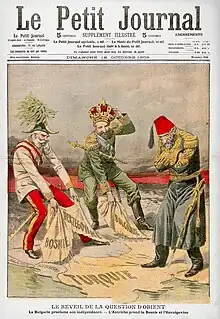 1908: Bosnische Annexionskrise, von links nach rechts: Kaiser Franz Joseph von Österreich-Ungarn, Zar Ferdinand von Bulgarien, Sultan Abdülhamid&nbsp;II.