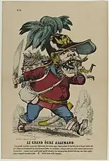 In der französischen Karikatur hält ein riesenhafter König Wilhelm&nbsp;I. in einer Kiepe mehrere deutsche Fürsten gefangen. Er führt ein großes Messer mit sich und ist im Begriff, das erste gekrönte Haupt zu verspeisen. Die Karikatur spielt auf die preußischen Annexionen 1866 an. „Le grand ogre allemand“ (Der große deutsche Menschenfresser, Darstellung von Alphonse Lévy, Musée des Civilisations de l'Europe et de la Méditerranée)