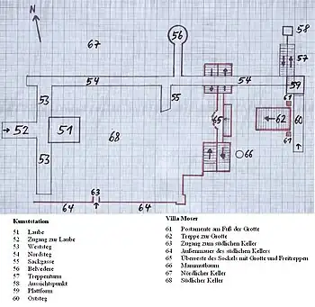 Plan 2: Kunststation Villa Moser. Reste der Villa Moser in Rot.