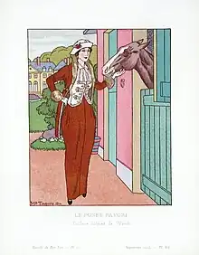 «&nbsp;Le poney favori. Tailleur élégant.&nbsp;» („Das Lieblingspony. Elegantes Kostüm.“) in La Gazette du bon ton, 1913