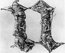 Figureninitiale: Der Initialkörper wird aus Figuren gebildet. Beispiel: Das N aus dem Figurenalphabet des Meister E. S.