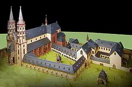 Liebfrauenkirche (links) und Kapuzinerkloster (rechts), vor 1792 (Zustand der Türme: Ende 19. Jh.)