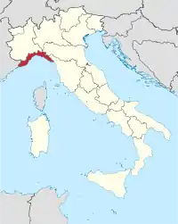 Karte Italiens, Ligurien hervorgehoben