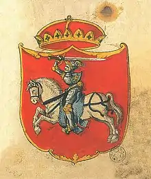 Authentisches Wappen Litauens mit historischen Farben (gules, argent, or und azure). Aus dem Wappenbuch Stemmata Polonica um 1555.
