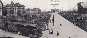 Lokalbahnlok 'FRIESENHEIM' (später 99 084) um 1900 am Ludwigshafener Jubiläumsbrunnen beim Kleinbahnhof Ludwigshafen-Brücke