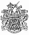 Grafenwappen der Lónyay mit Grafenkrone und Schildhaltern, Löwe und Greif. Wahlspruch: Persevero.