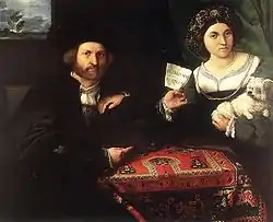 Linkes Bild: Lorenzo Lotto Ehemann mit Frau, 1523 mit einem „Bellini“-Teppich mit Schlüsselloch-Motiv.Rechtes Bild: Gebetsteppich mit „Schlüsselloch“-Muster, Anatolien, spätes 15.–frühes 16. Jh.