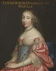 Charles Beaubrun: Louise Boyer, Duchesse de Noailles (1632-1697), ca. 1650-1658. Kleid aus lachsrosa Satin mit silbergrauem Mieder aus Seiden-Moiré; Ärmel des Unterhemdes und Kragen aus cremeweißem Musselin; dazu eine Parure aus Perlen und Diamanten an Mieder und Ärmeln.