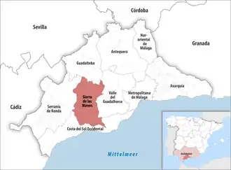 Die Lage der Comarca Sierra de las Nieves in der Provinz Málaga