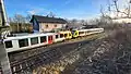 Zwei HLB LINT 41 VT 630 (648 030+530, links (=hinten)) und VT 603 (648 003+503, rechts (=vorne)) als RB 45, Zug Nr. 24826 von Fulda nach Limburg, planmäßige Abfahrtszeit 15:46 Uhr, hält um 15:50 Uhr auf Gleis 1 am Hausbahnsteig des Bahnhofs Mücke (Hess).