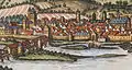 Unrealistische Darstellung des Doktorwerders (Mitte) an der Alten Werrabrücke auf einem Kupferstich von Frans Hogenberg, 1584 (Ausschnitt)
