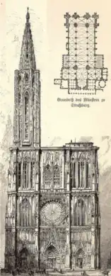 Verwirklichte Westfassade,nach mehreren aufeinanderfolgenden Plänen gebaut