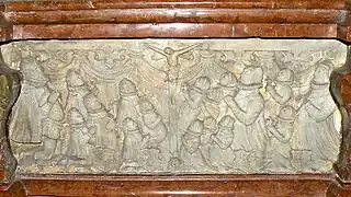 Lorenz Schütter, seine 14 Kinder, davon bereits 5 verstorben (mit †) und seine beiden Ehefrauen. Detail des Epitaphs
