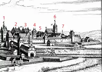 M. Merian: Reichsstadt Schweinfurt von 1648, Ausschnitt Zürch: 1&nbsp;Brückentor; 2&nbsp;Ebracher Hof, Wohnhaus; 3&nbsp;Ebracher Hof, Speicherbau; 4&nbsp;Zwingerturm; 5&nbsp;Kutschenstation; 6&nbsp;St.&nbsp;Salvator; 7&nbsp;Pulverturm. 1 und 4 sind nicht mehr erhalten