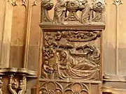 Chorgestühl: Geburt Christi, um 1345. Das Chorgestühl war wegen der Luftangriffe in das Schloss Erxleben ausgelagert