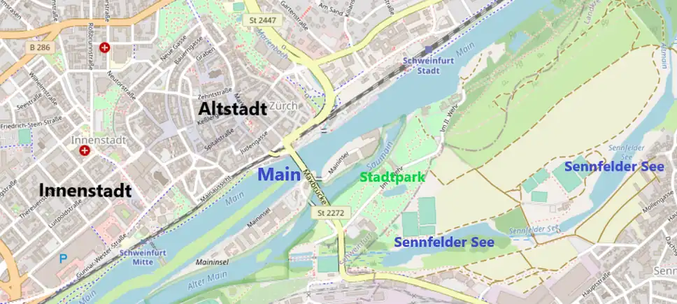 Main mit Nebenarmen und Inseln an der Schweinfurter Innenstadt,mit Wehranlagen (Stadtpark) und Sennfelder Seenkranz