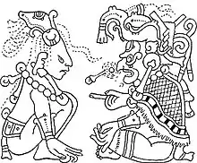 Maisgott (links) mit Itzamná (rechts) im Codex Dresdensis