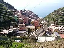 Ansicht von Manarola mit der Kirche San Lorenzo im Vordergrund
