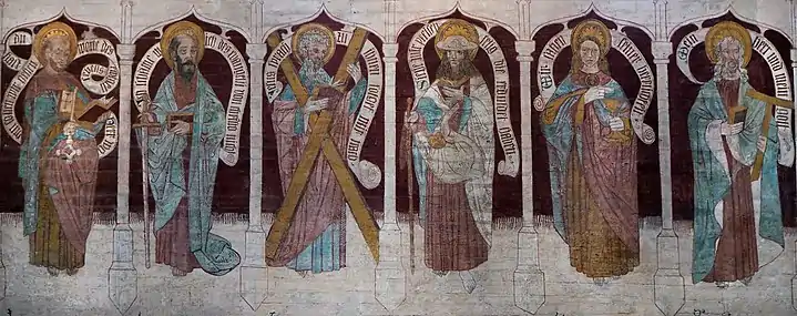 Aposteldarstellung aus dem 15. Jahrhundert (ergänzt)Von links: Petrus, Paulus, Andreas, Jacobus, Johannes, Thomas