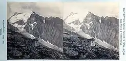 Stereoskopie der im Bau befindlichen Mandrone Hütte, dahinter die Leipziger Hütte. Im Hintergrund der Monte Gabbiolo (3458&nbsp;m) (1894)