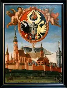 Belagerung von Gleiwitz mit dem von Ferdinand II. verliehenen Wappen; Gemälde aus dem 17. Jh.