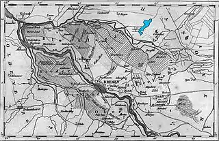 Der See (zur Hervorhebung blau nachkoloriert) um 1837. Deutlich zu erkennen ist nordöstlich von ihm der abgetrennte Zufluss Alte Wörpe.