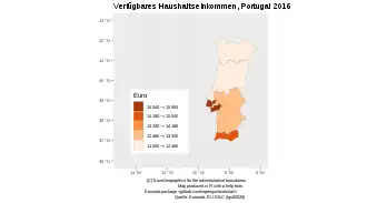 Verfügbares Haushaltseinkommen in Portugal nach NUTS2 Regionen im Jahr 2016. Die einkommensschwächsten Regionen befinden sich im Norden. Die reichsten Regionen befinden sich um Lissabon.