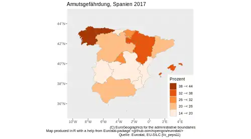 Die Karte zeigt die Armutsgefährdungsquoten in Spanien. Die höchste Armutsgefährdung findet man in Galicien und Asturien. Die niedrigsten Armutsgefährdungsquoten weisen Estremadura, Kastilien-La Mancha, Murcia und die Valencianische Gemeinschaft auf.