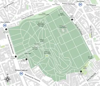 Heutiger, größerer Grundriss des Friedhofs, eingenordet (Allee Richtung 2 Uhr)