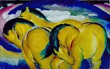 Franz Marc: Die kleinen gelben Pferde, 1912. Die Farben sind individuelle Symbolfarben des Künstlers. Gelb symbolisiert das weibliche Prinzip, Heiterkeit, Sanftheit und Sinnlichkeit. Blau steht für das männliche Prinzip, Herbheit und Vergeistigung.