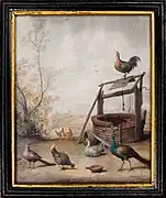 Landschaft mit Vögeln an einem Brunnen, Hügel in der Ferne, Gouache auf Holztafel, 1649