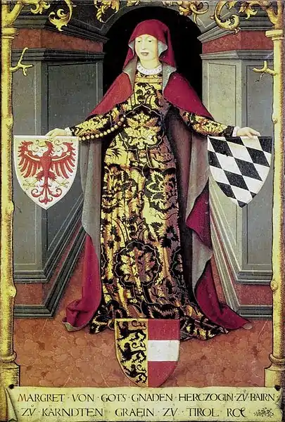 Margarete von Tirol hält das Tiroler Wappen in ihrer Rechten (Ölgemälde 16.&nbsp;Jahrhundert)