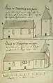 Die Kirche 1722 und 1732, der Turm vor der 1732er Erhöhung und Krönung mit Zwiebelhaube.