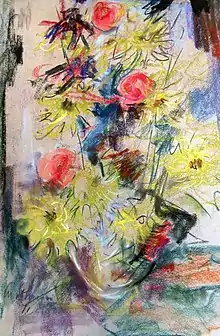 Gelbe Dahlien in Vase, Pastell auf Papier
