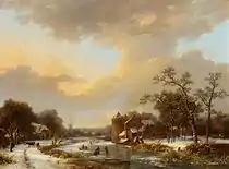 Ausladende niederländische Flusslandschaft mit Menschen auf zugefrorenen Fluss, 1844