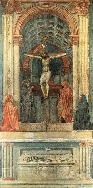 Ölgemälde eines Kreuzes, an dem Jesus hängt und der in einem Säulenbogen steht. An beiden Seiten stehen zwei Menschen mit Heiligenschein und zwei Menschen knien vor ihm. Im Hintergrund hält ein Mann mit Heiligenschein die Querbalken des Kreuzes und der hintere Raum ist mit einer Bogendecke ausgestattet. Vorne ist eine Kante, die in eine kleine Mauer übergeht und ein Skelett auf einer Truhe abbildet.