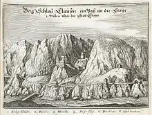 Brennet oberhalb von Schloss Klaus und Bergkirche (Kupferstich, Merian 1679)