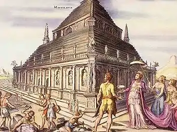 Imaginierte Darstellung des Mausoleums von Halikarnass, Stich von Martin van Heemskerck, 16. Jahrhundert