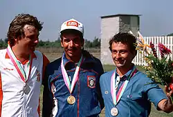 Ole Riber Rasmussen (links) auf dem Podium der Olympischen Spiele 1984