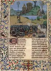 La Fleur des Histoires des Jean Mansel, Szene: Die Schlacht von Roncesvalles, Roland stößt ins Horn.