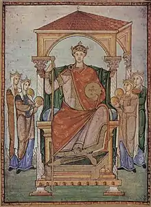 Kaiser Otto II. mit den Insignien und den vier Teilen seines Reiches