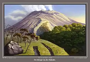 „Die Südseite des Gipfels vom Merapi, von einer Höhe von bereits 5231 Fuß aus gesehen … Sept. 1836.“