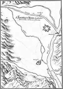 Die Situation zwischen Landquart und Luzisteig 1653, die Luzi--à-üüüä-¨¨$ $steig am unteren Bildrand.