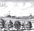 Kupferstich von Merian, etwa 1660, links in der idealisierten Ansicht das Kloster