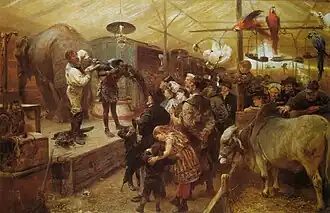 Wandermenagerie mit Mohren. Paul Friedrich Meyerheim: In der Tierbude, 1894; Gemäldegalerie, Dresden