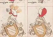 Wappen der Familie Meyer-Niessen mit verschiedener Helmzier aus der Zeit vor dem 15. Jh.